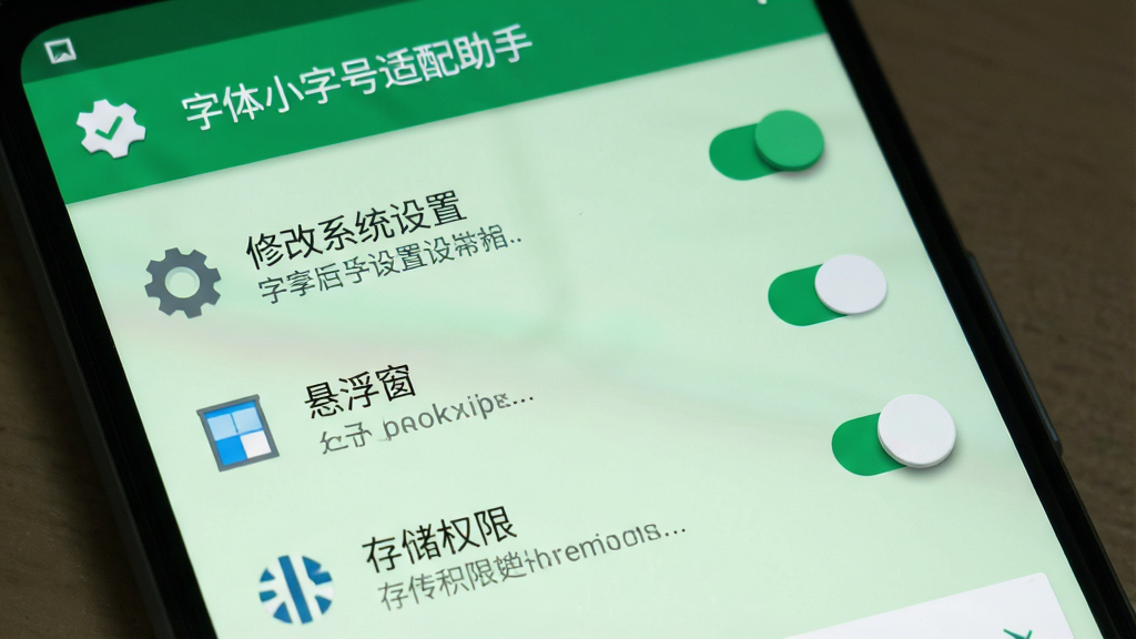 一部安卓手机屏幕显示字体小字号适配助手的权限设置引导页面,页面上有多个权限开关,包括“修改系统设置”“悬浮窗”“存储权限”等,每个开关旁配有勾选标记和说明文字,手机上方有“字体小字号适配助手”应用名称,背景为浅绿色,风格为Material Design,细节包括开关按钮的立体感、文字说明清晰、图标简洁,画质高清,干净,无多余元素