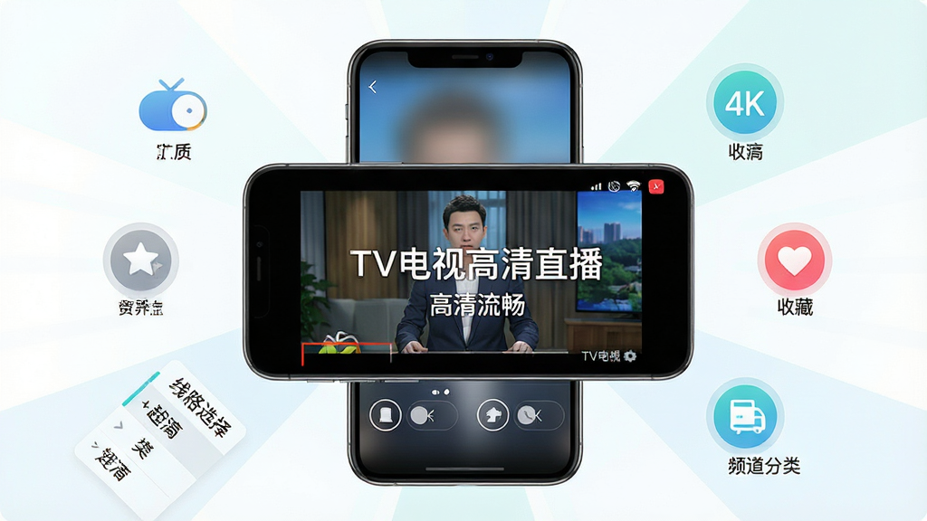 TV���Ӹ���ֱ������չʾͼ������Ϊ�ֻ���Ļ�в��Ÿ�����ӽ�Ŀ���棬����Ϊ��������ͻ��ֱ���������ܻ��ƹ���ͼ�꣬�Ű���÷�ɢʽ���乹ͼ�����Ϊ�������µ�UI������ϸ�ڰ��������л���ť����·ѡ��˵����ղذ���ͼ�ꡢƵ�������ǩ�����ֱ�ע��TV���Ӹ���ֱ�����͡�����������������Ϊ4K���塢�ɾ����޶���Ԫ��