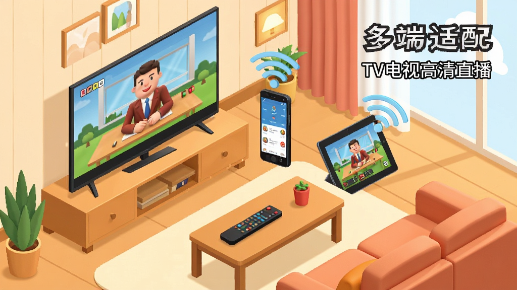 TV���Ӹ���ֱ�����豸���䳡��ͼ������Ϊ���ܵ��ӡ��ֻ���ƽ����̨�豸ͬʱ��ʾֱ�����棬����ΪƷ�������У��Ű���õȾ��ӽ�չʾ�����Ϊ��ܰ��ͥ���������廭��ϸ�ڰ���ɳ�����輸��ң������WiFi�ź�ͼ�꣬���ֱ�ע��������䡱�͡�TV���Ӹ���ֱ����������Ϊ4K���塢�ɾ����޶���Ԫ��