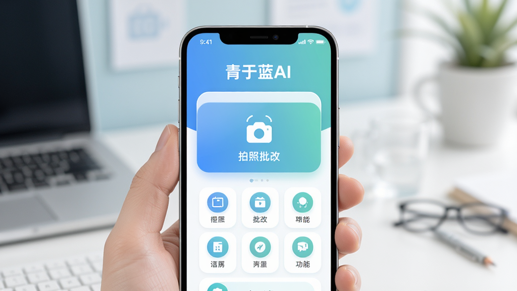 青于蓝AI软件主界面预览图,主体为一款手机屏幕展示智能批改应用首页,布局上方为软件名称