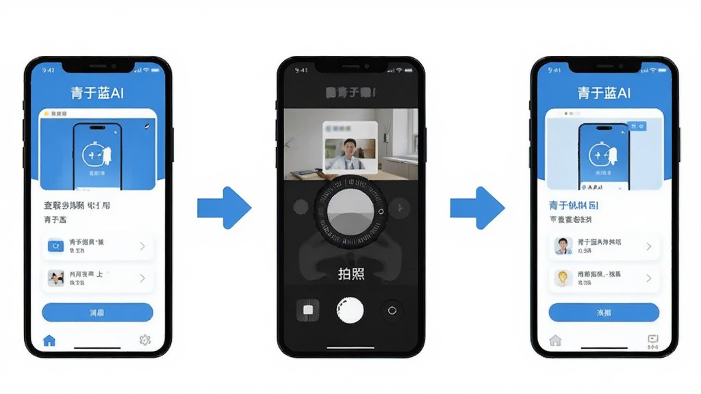 青于蓝AI手机端操作步骤示意图,主体为三部手机并排展示安装、拍照、查看报告流程,布局从左到右依次排列,排版横向展开,风格为扁平化教程插图,细节包含