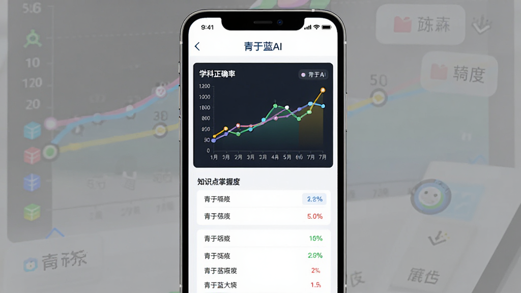 青于蓝AI学情报告界面图,主体为手机屏幕展示数据统计页面,布局上方为学科正确率折线图下方为知识点掌握度列表,排版整齐对称,风格为简约数据可视化,细节包含
