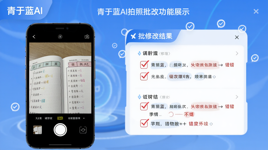 青于蓝AI拍照批改功能展示图,主体为手机拍摄作业本画面,布局左侧为拍摄取景框右侧为批改结果面板,排版上下分栏,风格为教育科技风,细节包含红色对勾与错题标记、
