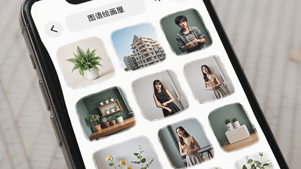 图语绘画屋内置素材库界面展示,画面为手机屏幕特写,屏幕中显示素材缩略图网格,包含植物、建筑、人物等参考图,布局整齐,风格为柔和圆角UI设计,细节精致,画质高清,无多余元素