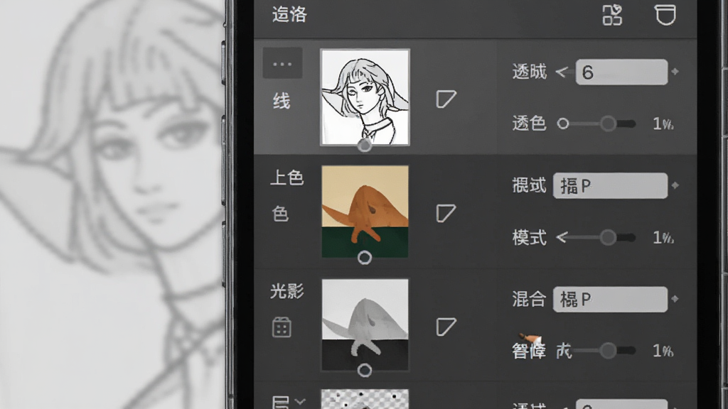 图语绘画屋图层面板功能展示图,画面为手机屏幕截图风格,屏幕中显示图层面板列表,包含线稿层、上色层、光影层等多个图层缩略图,每个图层右侧有透明度和混合模式选项,布局清晰,风格为简约商务UI,细节精致,画质高清,无多余元素