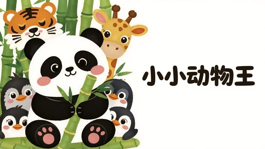 一只卡通熊猫坐在竹林里抱着竹子,旁边有老虎、长颈鹿、企鹅等动物探头张望,画面采用左右对称布局,左侧动物叠放展示,右侧留白处用圆润字体写“小小动物王”,风格为扁平化卡通,细节包括熊猫腮红、竹叶纹理和动物们的可爱眼神,画质清晰,背景干净,无多余元素