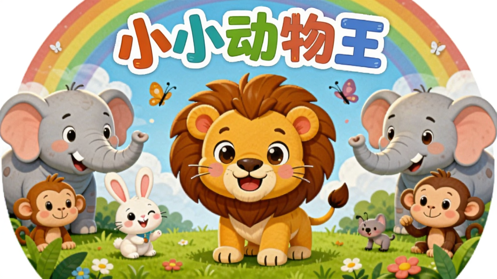 画面中央是一只卡通风格的小狮子站在绿色草地上,周围环绕着大象、小兔子、猴子等可爱动物,背景是蓝天白云和彩虹,整体布局采用圆形构图突出中心角色,排版上软件名称“小小动物王”以活泼的彩色字体置于画面顶部,风格为儿童插画风,细节包括动物们开心的表情、草地上的小花和飞舞的蝴蝶,画质高清,色彩明快,干净,无多余元素