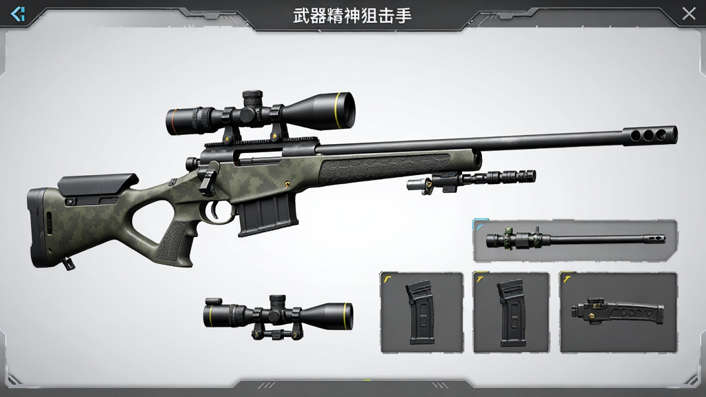枪神狙击手武器改装界面,画面展示一把狙击步枪的分解视图,旁边有瞄准镜、枪管、弹匣等配件槽位,界面风格科技感军事风,排版清晰,画质干净