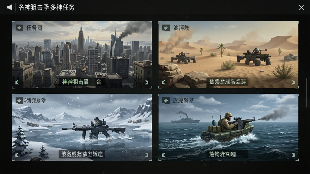 枪神狙击手多场景任务选择界面,画面中并排展示城市、沙漠、雪地、海上四种地图缩略图,每个地图上有任务类型标签,界面风格简洁军事化,排版整齐,画质清晰