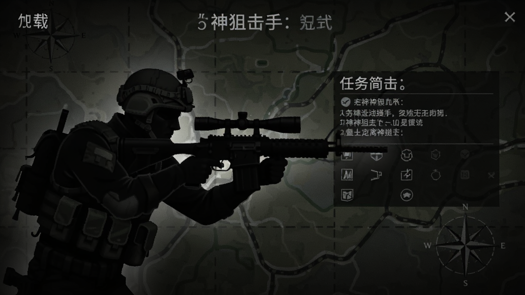 枪神狙击手离线模式加载界面,画面显示狙击手剪影与任务简报文字,背景为暗色调军事地图纹理,界面简洁,画质清晰,无多余装饰