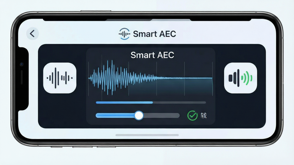 Smart AEC 环境噪声抑制功能展示,主体为手机界面显示噪声波形被过滤为平滑直线,布局为左侧噪声源图标右侧纯净语音图标,排版横向对比,风格为清新浅色系,细节包含“Smart AEC”名称、降噪等级滑块、绿色对勾标识,画质高清,干净,无多余元素