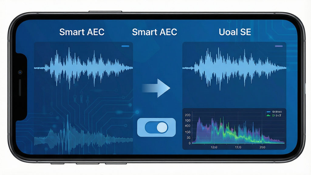 Smart AEC 智能回声消除功能展示,主体为手机屏幕显示声波输入与输出对比,布局为上下分层展示原始波形与处理后波形,排版中间用箭头连接,风格为科技蓝调扁平化,细节包含“Smart AEC”文字标识、回声消除开关按钮、实时频谱图,画质高清,干净,无多余元素
