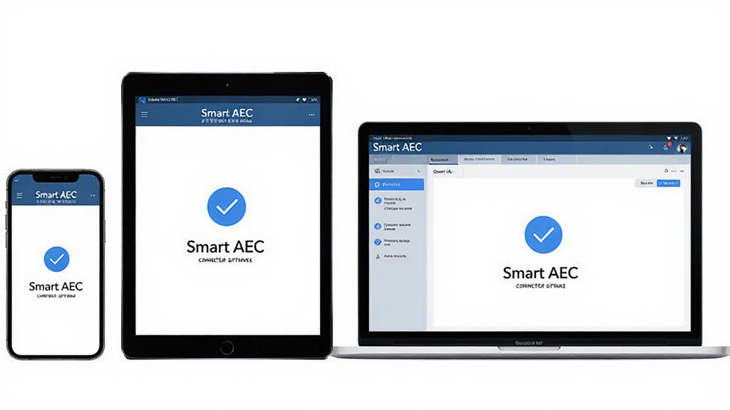 Smart AEC 多平台兼容展示,主体为手机、平板、笔记本电脑三台设备并排显示相同软件界面,布局为横向排列,排版均匀分布,风格为简约商务风,细节包含“Smart AEC”统一标识、各设备屏幕显示连接成功状态、蓝色勾选图标,画质高清,干净,无多余元素