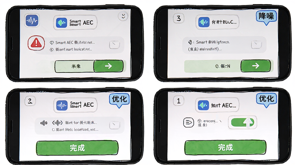 Smart AEC 安卓版 使用教程界面,主体为手机屏幕显示权限设置与降噪开关操作步骤,布局为四格分步截图,排版从左到右从上到下,风格为简洁明快的手绘教程风,细节包含“Smart AEC”图标、红色警告标识、蓝色优化提示、绿色完成按钮,画质高清,干净,无多余元素