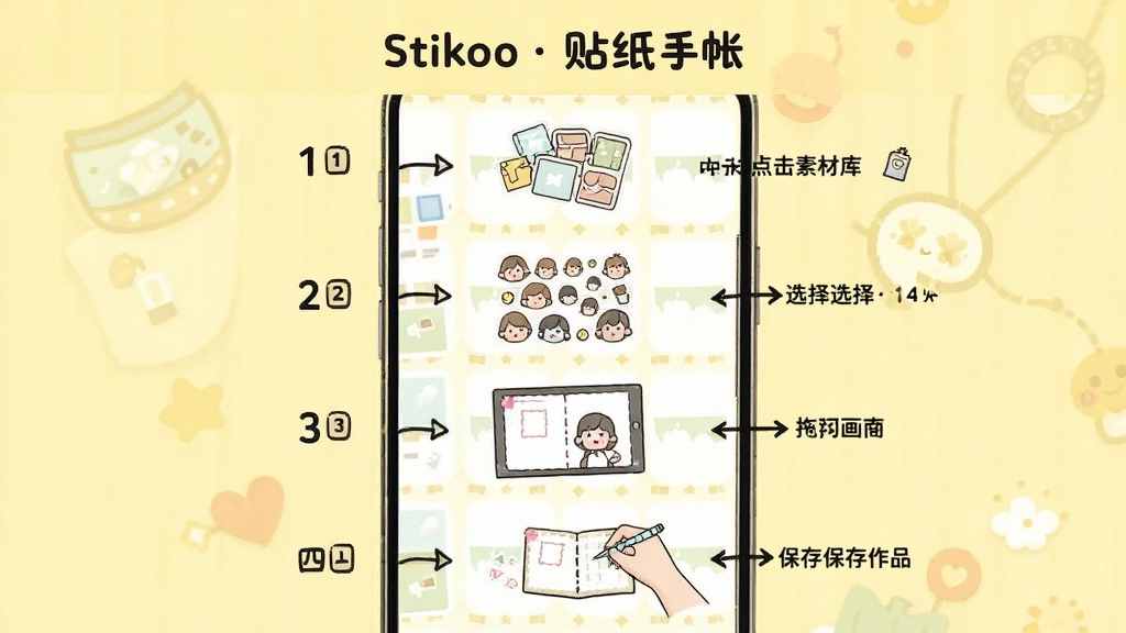 Stikoo  ��ֽ�������ֲ���ָ�����棬����չʾ�ֻ���Ļ�ϵķֲ�����ͼʾ����һ������زĿ⣬�ڶ���ѡ����ֽ����������ק�����������Ĳ�������Ʒ��������