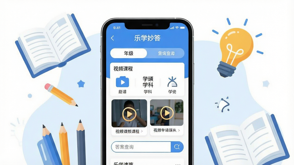 一张展示乐学妙答软件主界面的图片,画面中央是手机屏幕,屏幕内显示乐学妙答APP的首页布局,包含年级选择、学科分类、视频课程入口和答案查询搜索框,界面风格清新简洁,以蓝白色调为主,周围点缀书本、铅笔、灯泡等学习元素,整体构图居中,排版干净,风格为扁平化数字插画,细节丰富,画质清晰,无多余杂乱元素,图片中文字内容为“乐学妙答”