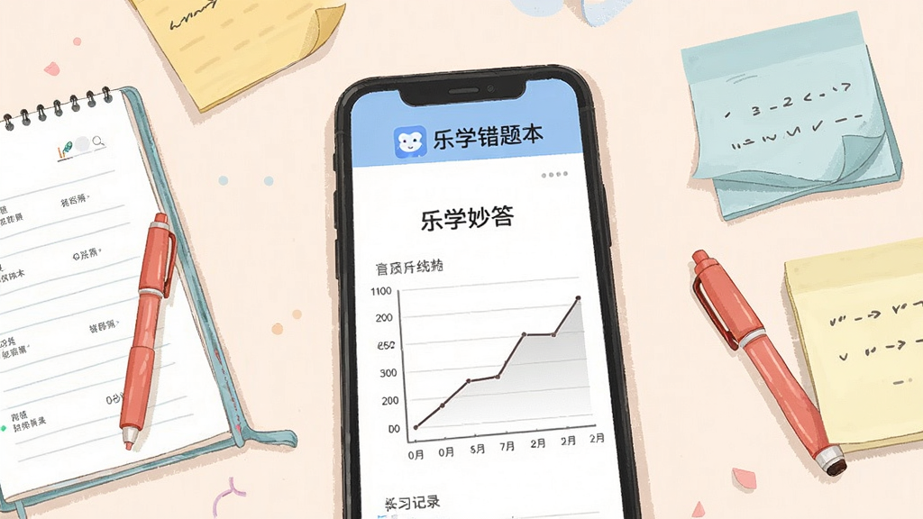 一张展示乐学妙答错题本与学习记录页面的图片,画面中手机屏幕显示错题列表和折线统计图,图表呈现上升趋势,周围有笔记本、红笔、便利贴等学习用品点缀,风格为简约插画风,色调柔和,细节清晰,画质干净,图片中文字内容为“乐学妙答”