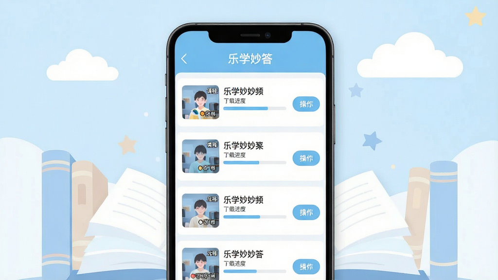 一张展示乐学妙答视频下载管理界面的图片,画面中央是手机屏幕,屏幕内显示视频下载列表,每个条目包含课程名称、下载进度条和操作按钮,界面风格清爽,以浅蓝色和白色为主,背景是柔和的书本与云朵图案,风格为扁平化UI插画,细节干净,画质清晰,图片中文字内容为“乐学妙答”