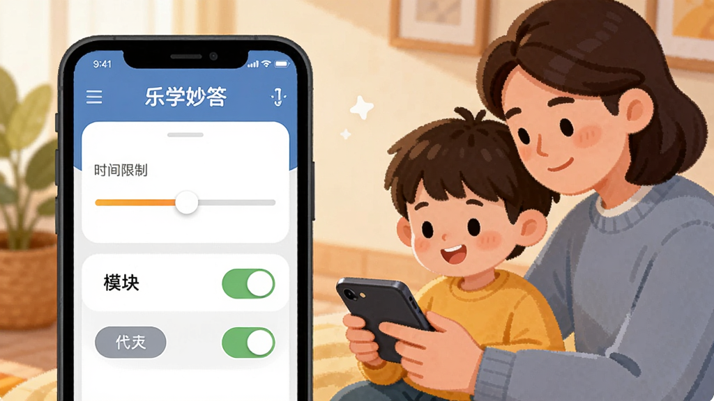一张展示乐学妙答家长管控设置界面的图片,画面中手机屏幕显示时间限制滑块和模块开关按钮,旁边有家长与孩子共同看手机的温馨场景,风格为温馨家庭插画,色调温暖,细节丰富,画质清晰,图片中文字内容为“乐学妙答”