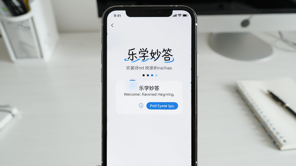 一张展示乐学妙答在手机上安装完成后首次打开界面的图片,画面中手机屏幕显示欢迎页和权限请求弹窗,背景是干净的书桌,风格为写实手机截图风,细节清晰,画质干净,图片中文字内容为“乐学妙答”