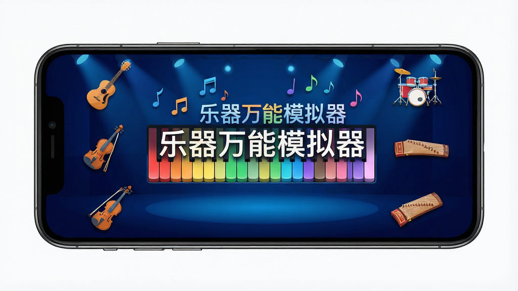 手机屏幕中展示多种乐器键盘布局,中央是一台彩色钢琴键盘,四周环绕吉他、小提琴、架子鼓、古筝等乐器图标,背景为深蓝色渐变音乐舞台灯光,主体突出“乐器万能模拟器”字样,布局居中对称,排版清晰,风格为现代扁平化科技风,细节包括音符飘动、按键高亮,画质高清,干净,无多余元素
