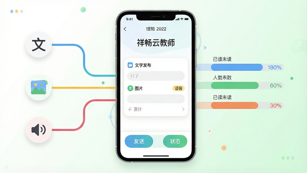 һ����Ϣͼ����棬������һ�������ֻ�����չʾ���鳩�ƽ�ʦ��֪ͨ����ҳ�棬��������������ɫ�����ֱ���������Сͼ��������֡�ͼƬ���������Ҳ���ʾ�Ѷ�δ������ͳ����������Ϊ��ɫ��ǳ��ɫ���䣬���������ϸ�ڰ���Բ������򡢷��Ͱ�ť��״̬��ǩ����������������ɾ����޶���Ԫ��