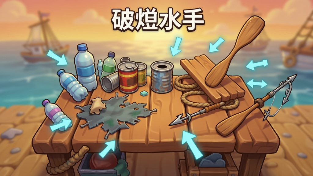 一张以“破烂水手”游戏合成系统为主题的AI生成图片,画面中心是一个木制工作台,台面上摆放着各种海洋垃圾如塑料瓶、破布、铁罐、木板和绳索,周围有发光的合成箭头指向成品道具如船桨和鱼叉,背景是模糊的海面日落景象,风格为卡通手绘,色彩温暖,画面干净整洁,高清画质
