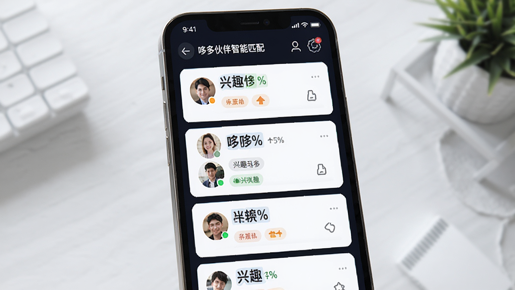 哆哆伙伴智能匹配功能展示图,画面主体为手机界面,界面上显示多个用户卡片,卡片上有兴趣标签和头像,布局为上下排列,风格为现代科技感UI风格,细节包括匹配度百分比、兴趣图标,画质高清,干净简洁