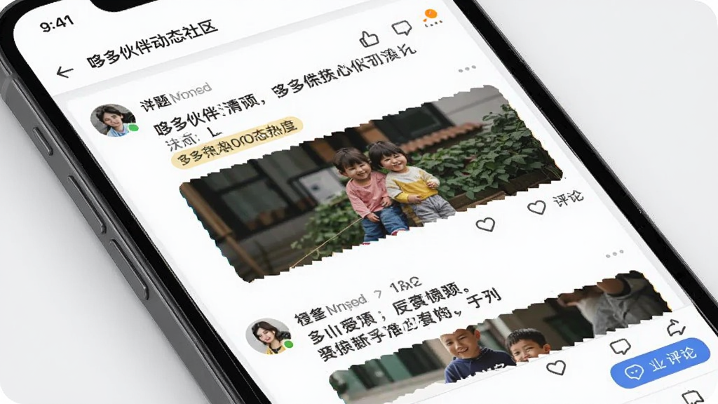 哆哆伙伴动态社区界面展示图,画面主体为手机屏幕显示动态信息流,包含用户头像、文字内容、图片和点赞评论按钮,布局为瀑布流式,风格为现代社交应用UI风格,细节包括话题标签、热度标识,画质清晰干净