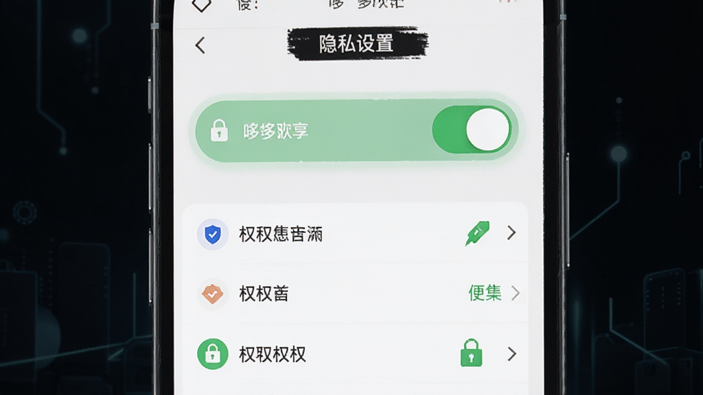 哆哆伙伴隐私安全功能展示图,画面主体为手机界面显示隐私设置页面,包含开关按钮、权限选项和盾牌图标,布局为列表式,风格为安全防护类UI风格,细节包括锁形图标、绿色安全标识,画质高清,干净整洁