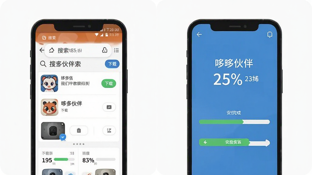 哆哆伙伴安卓版下载安装步骤示意图,画面主体为手机屏幕显示应用商店搜索页面和安装进度条,布局为左右分栏,左侧为搜索界面,右侧为安装完成界面,风格为扁平化教程插图,细节包括“哆哆伙伴”文字标识、下载按钮、进度百分比,画质清晰,干净无多余元素