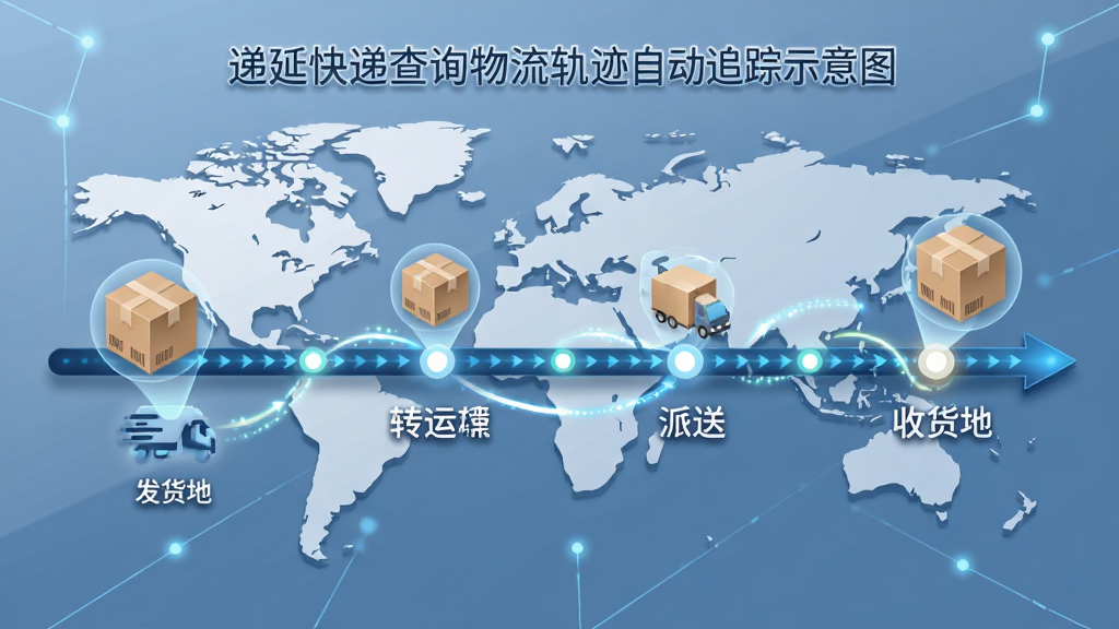 递延快递查询物流轨迹自动追踪示意图,画面中央展示一条从发货地到收货地的运输路线图,路线节点上标注揽收、转运、派送、签收等状态,布局为横向时间轴,风格为信息图表风,细节包含包裹图标与动态光点,画质高清,干净,无多余元素