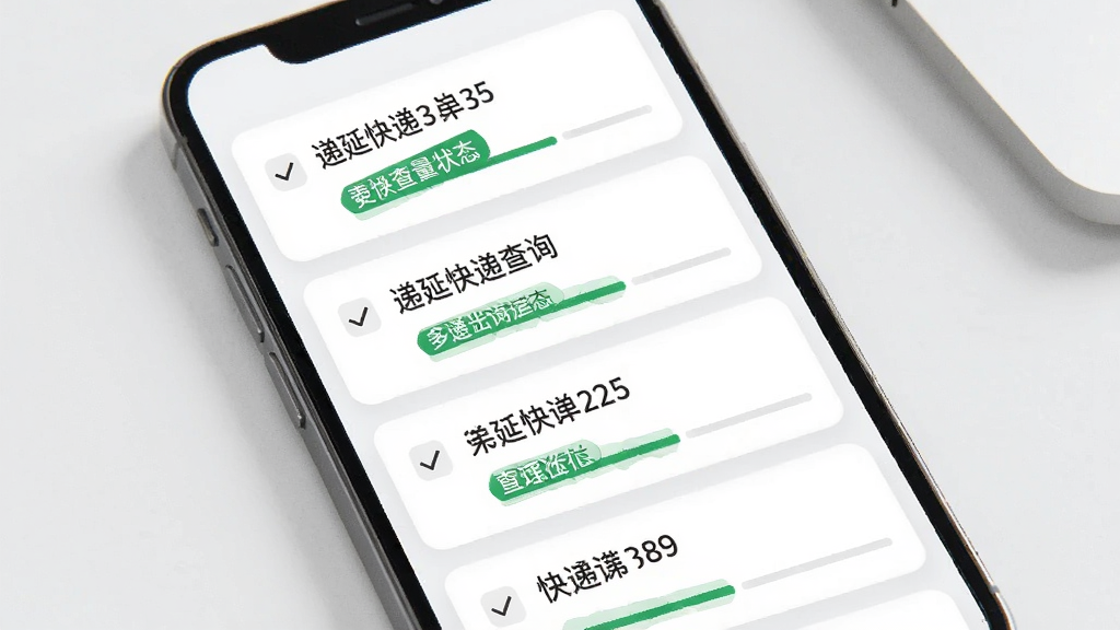 递延快递查询多单号批量查询功能展示图,画面主体为手机屏幕,屏幕上排列多个快递单号卡片与对应物流状态标签,布局为纵向列表排版,风格为现代简约风,细节包含勾选图标与进度条,画质高清,干净,无多余元素