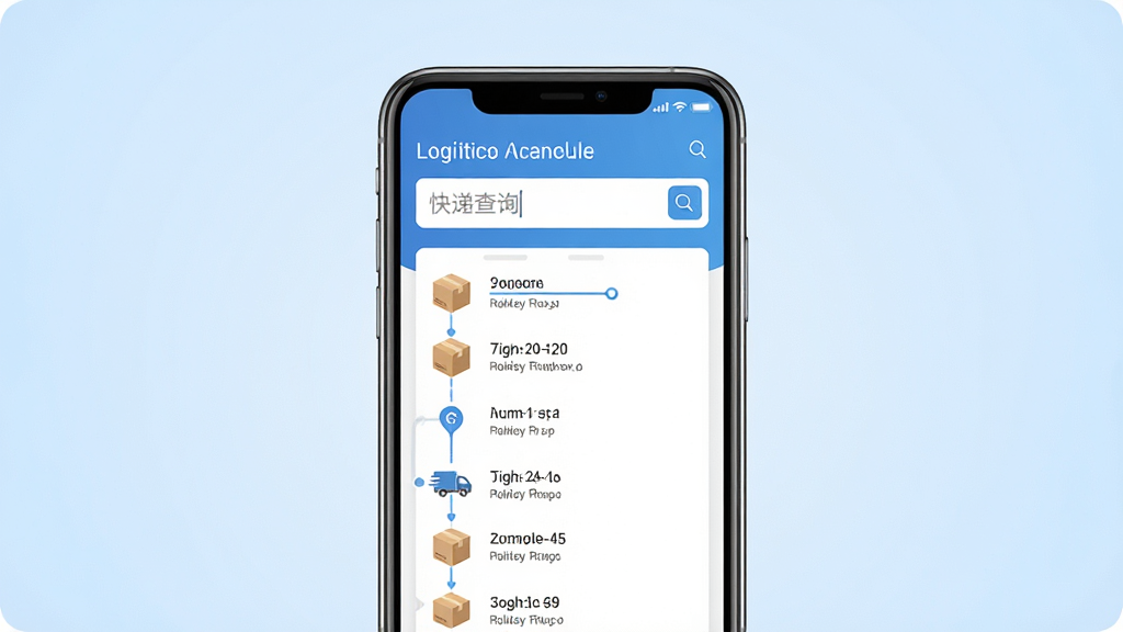 递延快递查询软件主界面预览图,画面中央放置一部智能手机,手机屏幕上显示快递查询输入框与物流时间轴列表,背景为浅蓝色渐变,布局简洁干净,风格为扁平化科技风,细节包含包裹图标与运输路线线条,画质高清,干净,无多余元素