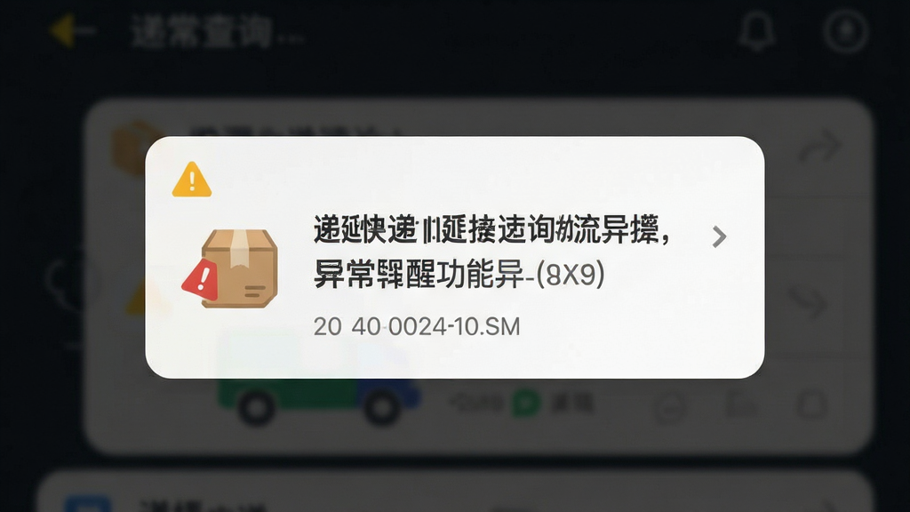 递延快递查询物流异常提醒功能展示图,画面中央为手机通知弹窗,弹窗内显示异常提醒文字与包裹图标,背景为深色模式界面,布局为居中弹窗排版,风格为扁平化设计,细节包含警示图标与时间信息,画质高清,干净,无多余元素