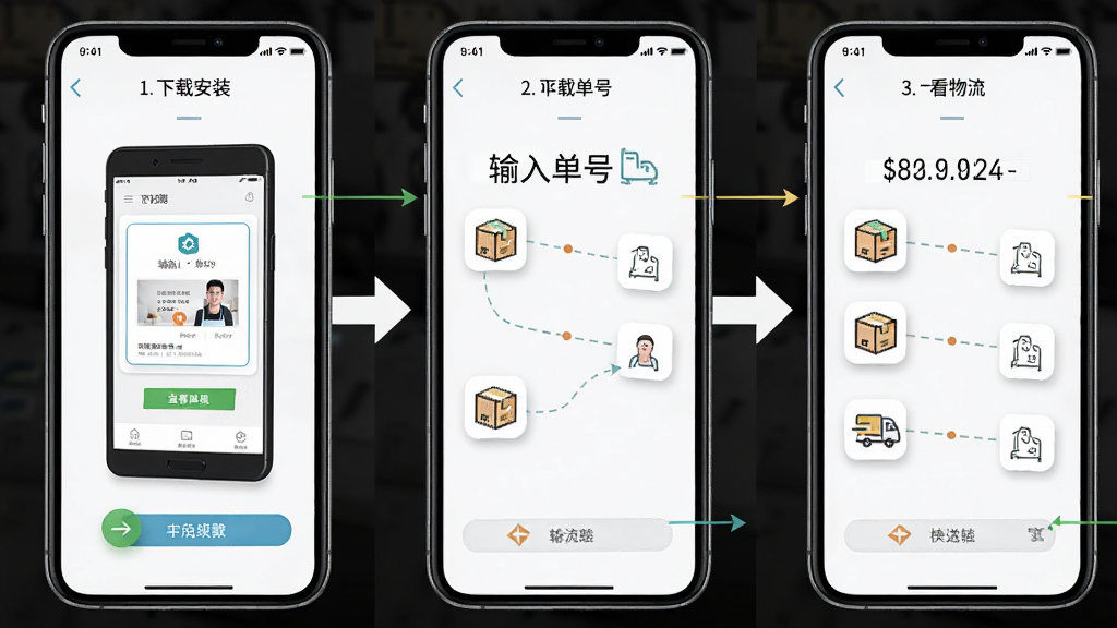 递延快递查询移动端操作步骤示意图,画面主体为三部手机并排展示,分别显示下载安装、输入单号、查看物流三个步骤,布局为横向排列,风格为教程图解风,细节包含箭头指示与步骤编号,画质高清,干净,无多余元素