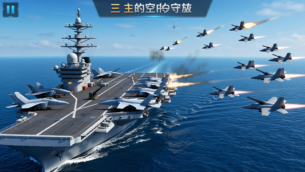 一艘巨大的航空母舰航行在蔚蓝大海上,甲板上停放着多架舰载战斗机,天空中敌方战机来袭,防空炮火划破长空,画面主体为航母霸主空中守卫游戏主界面风格,布局为横向全景构图,排版左侧为航母右侧为敌机群,风格为3D写实军事风,细节包括甲板纹理、舰岛雷达、导弹尾焰,画质高清干净无多余元素