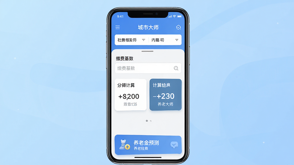 社保计算大师APP主界面截图,画面中央展示手机屏幕内显示社保计算大师应用首页,顶部有城市选择栏,中部有缴费基数输入框和计算结果卡片,底部有养老金预测入口,背景为淡蓝色渐变,风格简洁现代,细节清晰,画质干净,无多余元素