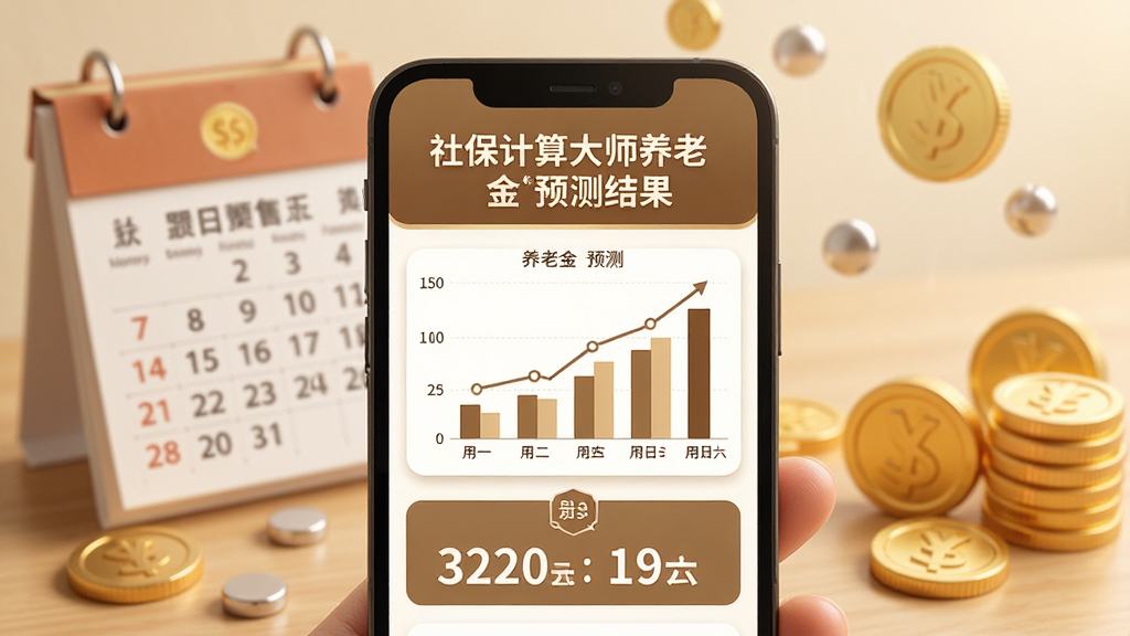 社保计算大师养老金预测结果页面,手机屏幕显示养老金预测图表和数字,背景有日历和金币元素,风格温暖稳重,细节清晰,画质干净,无多余元素