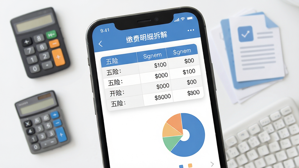 社保计算大师缴费明细拆解页面,手机屏幕显示五险费用表格和饼状图,背景有计算器和文档图标,风格清爽办公感,细节清晰,画质干净,无多余元素