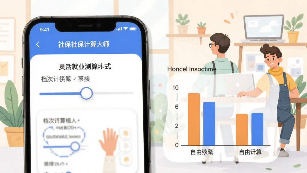 社保计算大师灵活就业测算模式界面,手机屏幕显示档次选择滑块和对比柱状图,背景有自由职业者工作场景插画,风格轻松明快,细节清晰,画质干净,无多余元素