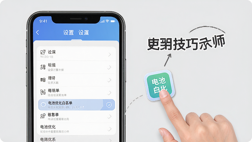 社保计算大师使用技巧示意图,手机屏幕显示设置界面和电池优化白名单选项,旁边有手指点击图标,背景为淡灰色,风格简洁教程风,细节清晰,画质干净,无多余元素