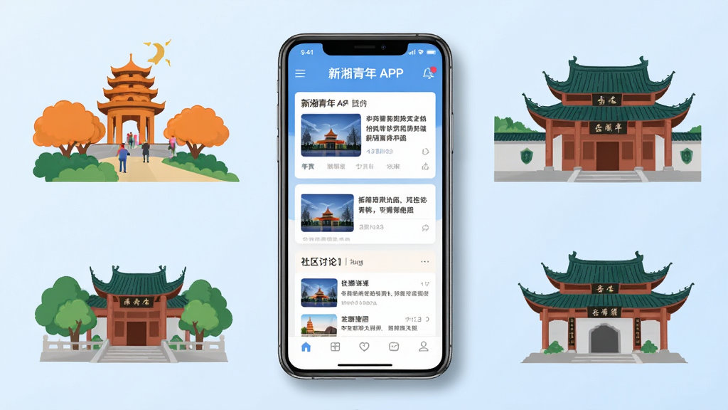 画面中央是一部智能手机,手机屏幕上显示着新湘青年APP的主界面,界面中有新闻资讯卡片和社区讨论板块。手机周围环绕着湖南特色元素如橘子洲头、岳麓书院等简笔插画。背景为淡蓝色渐变,整体布局简洁明快。排版采用中心对称构图,风格为扁平化插画风,细节上手机边框有轻微投影,界面文字清晰可见。画质为高清2K,画面干净,无多余元素。