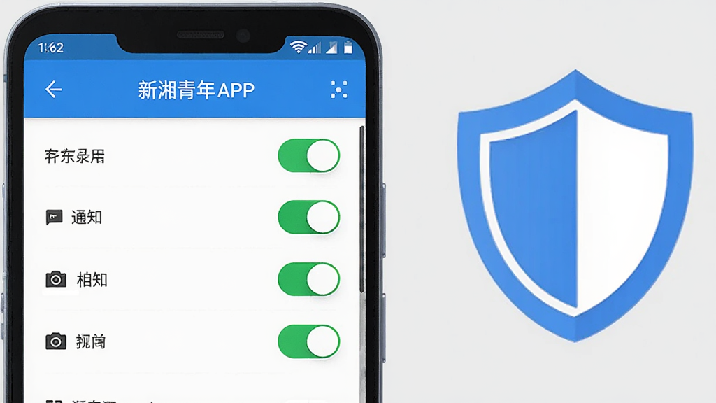 一部安卓手机屏幕显示新湘青年APP的权限设置页面,页面中有存储、通知、相机等权限开关。手机旁边放置一个盾牌图标象征安全。布局为手机正面展示加图标点缀,风格为科技扁平风,色调以蓝白为主。细节上开关按钮有绿色高亮,画质高清,干净,无多余元素。