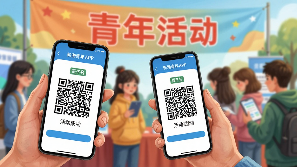 画面描绘一场线下青年活动的签到场景,参与者手持手机展示报名二维码,背景有活动横幅和人群。手机屏幕上显示新湘青年APP的活动报名成功页面。布局采用前景特写加背景虚化构图,风格为写实插画风,色调活泼鲜艳。细节上二维码清晰可见,横幅上写着青年活动字样,画质高清,干净,无多余元素。