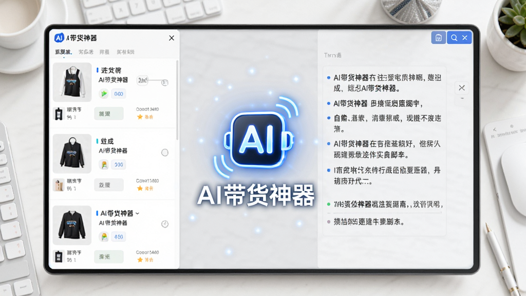 画面展示AI带货神器软件界面,左侧为商品列表,右侧为自动生成的文字脚本,中间有闪烁的AI生成图标,背景为白色工作台,风格商务简约,画质高清,文字内容以