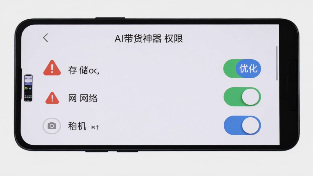 画面展示一部安卓手机屏幕,显示AI带货神器的权限设置页面,有存储、网络、相机等开关按钮,旁边有红色警示图标与蓝色优化图标,背景为浅灰色,风格简洁说明性,画质清晰,画面中带有