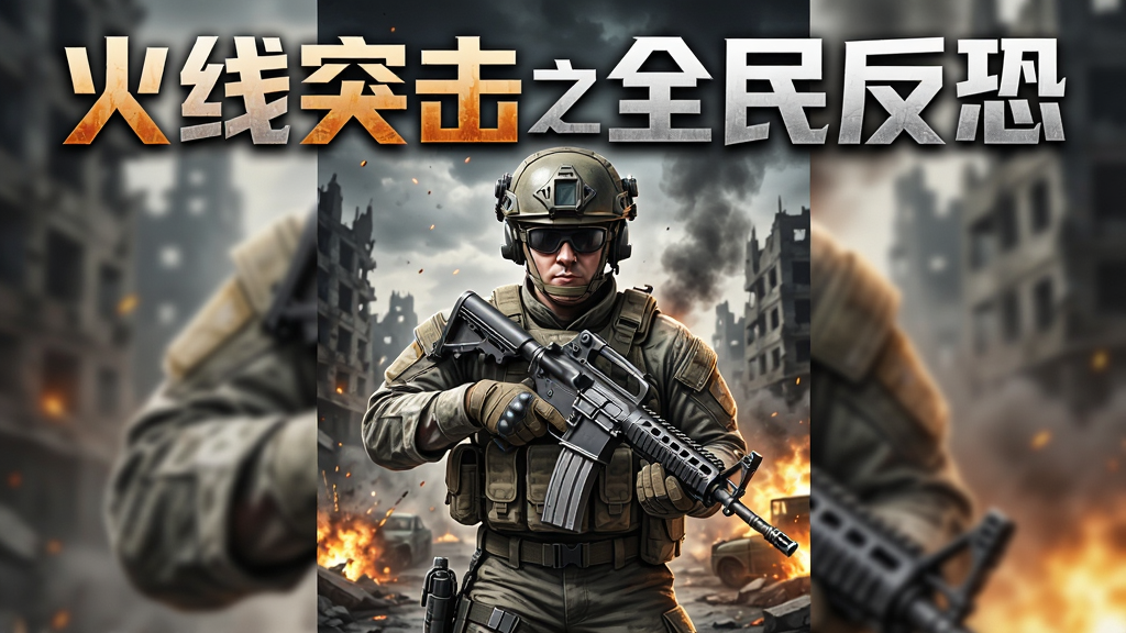 主体是一款竖版射击手游的封面图,画面正中为一名全副武装的特战队员手持突击步枪,背景是战火蔓延的城市废墟,布局采用中心对称构图,排版上软件名称