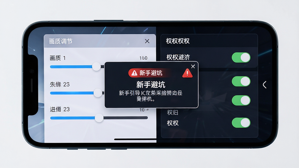 主体为手机屏幕显示游戏设置界面与新手引导提示框,布局上左侧为画质调节滑块、右侧为权限开关列表,排版清晰分栏,风格为简洁科技风,细节上包含