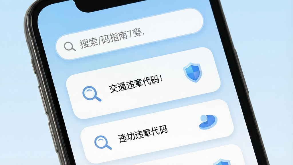 一张展示手机屏幕的图片,画面中央是违章代码指南软件的主界面,顶部有搜索框,下方排列着交通违章代码列表,背景为淡蓝色渐变,风格简洁清爽,细节包括圆角卡片、放大镜图标、盾牌安全标识,画质清晰,干净,无多余元素